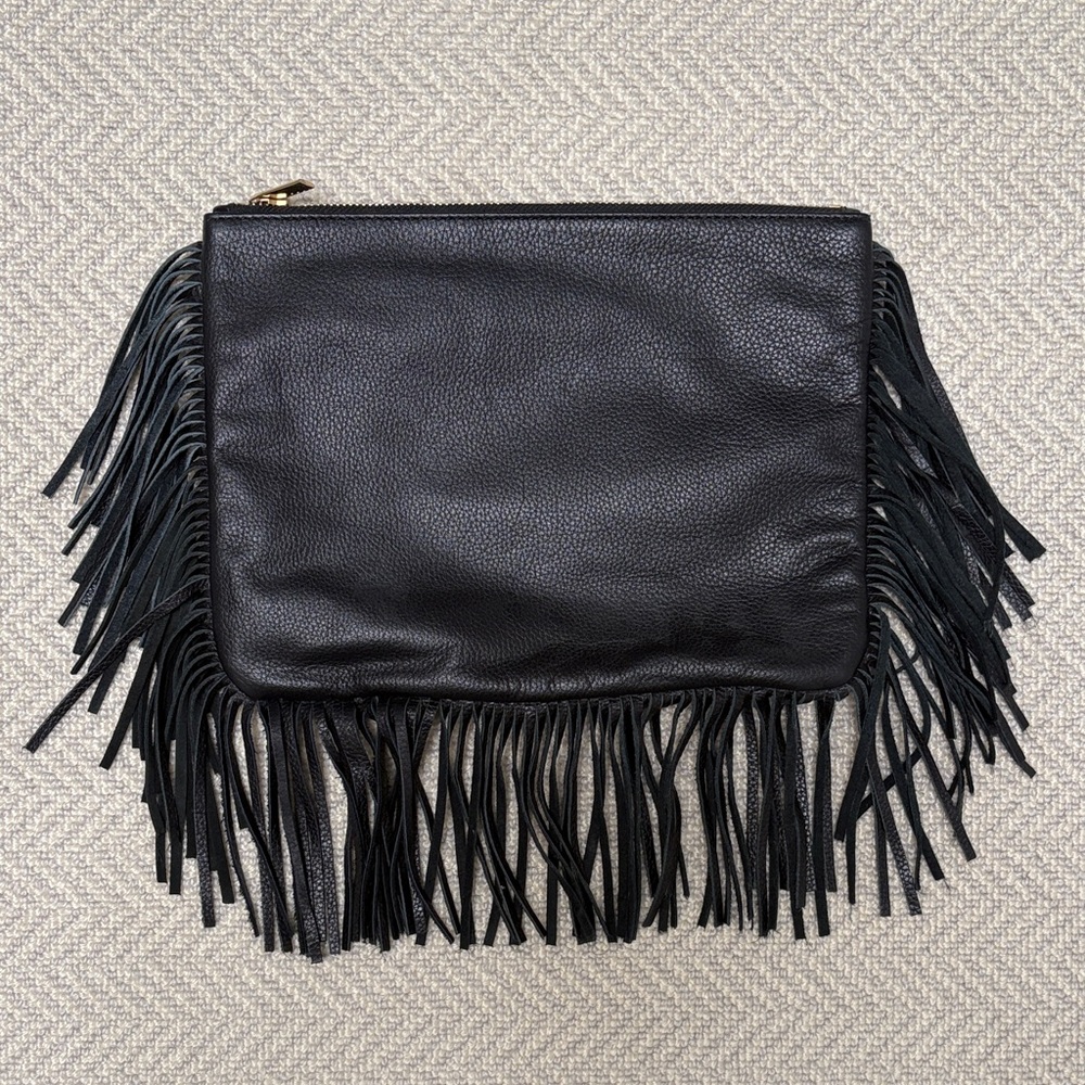 BARNEYS NEW YORK Black Leather Clutch with Fringes. Gold Toned Zippered Pouch
